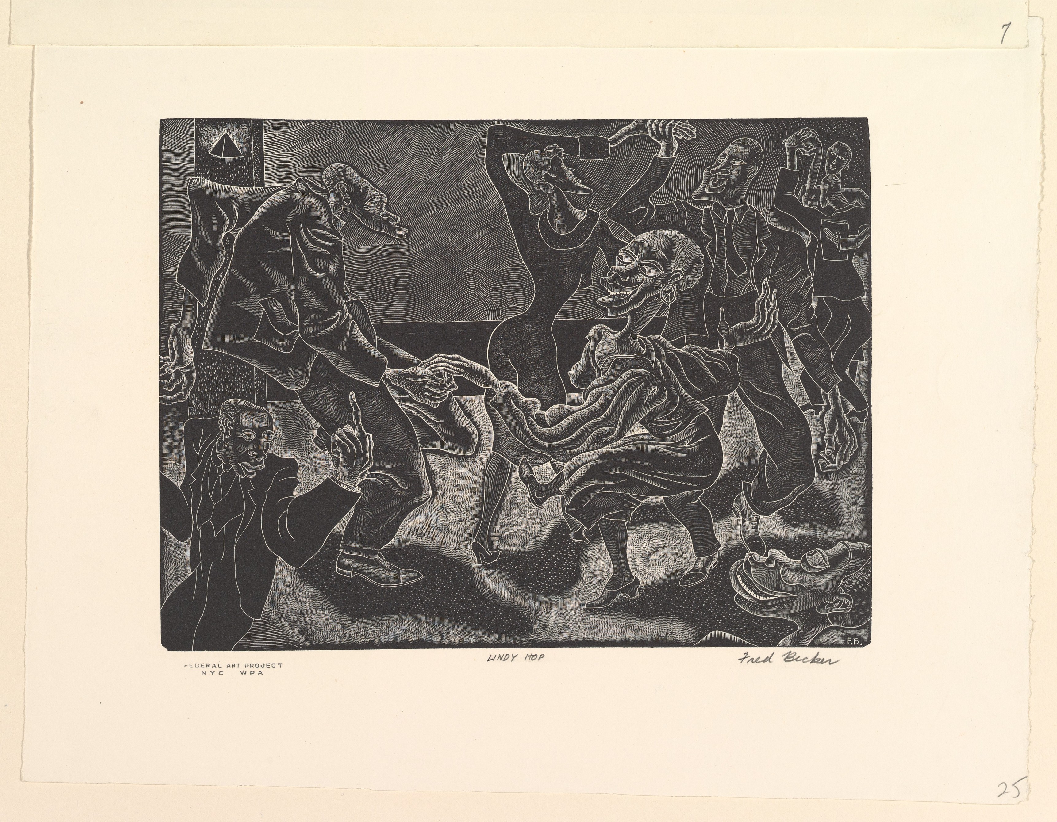 Wood engraving titled Lindy Hop by Fred Becker, showing a dancing couple in motion.