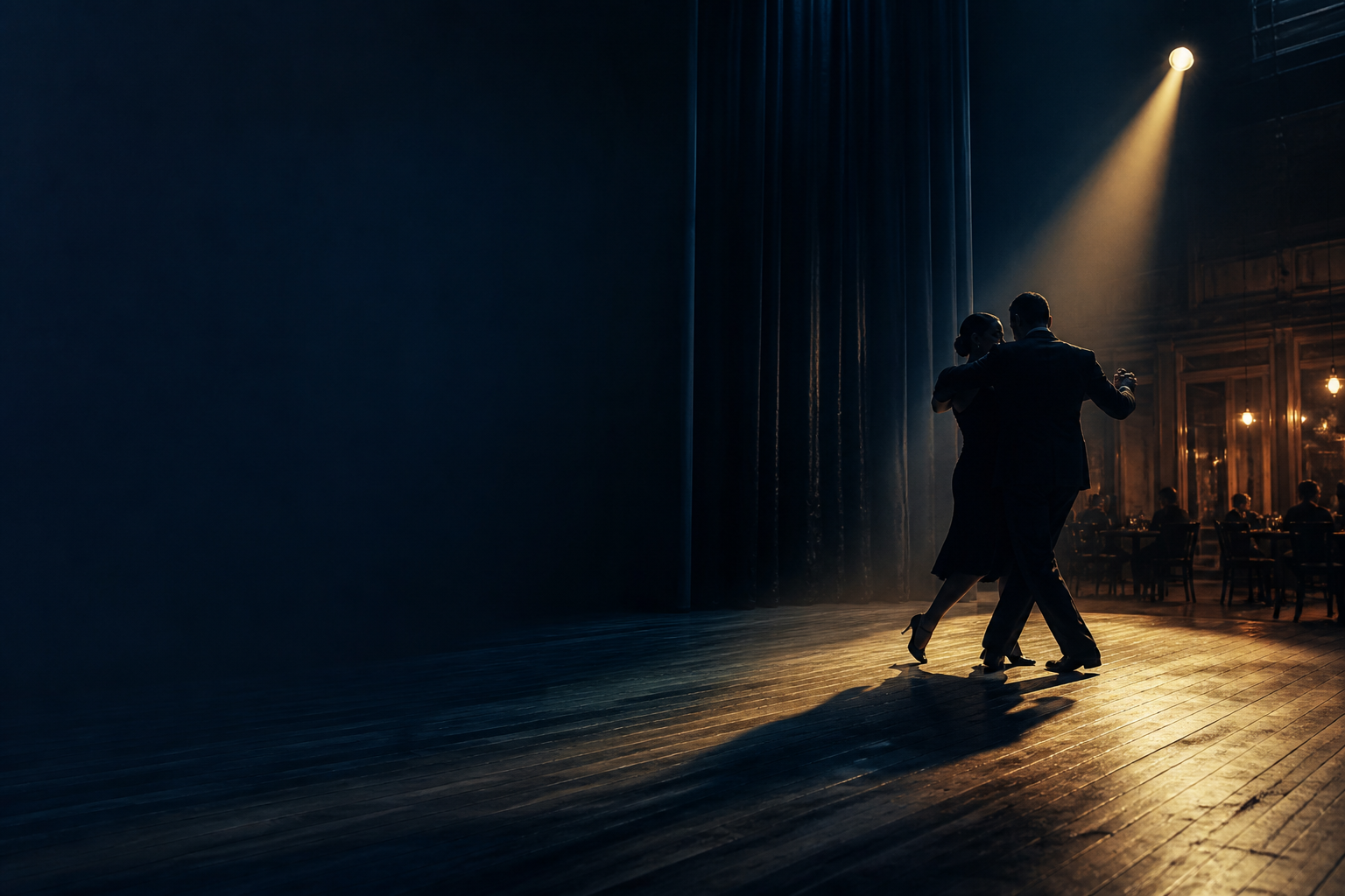 Portrait-free editorial image of an anonymous tango couple moving from a Buenos Aires dance floor into a theater spotlight