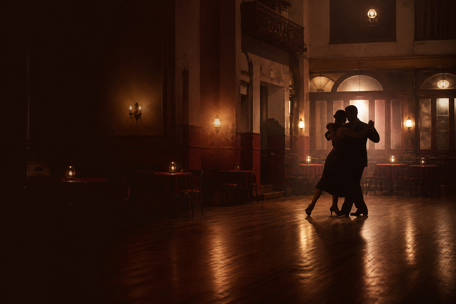 Portrait-free editorial image of an anonymous tango couple in a warm Buenos Aires dance hall